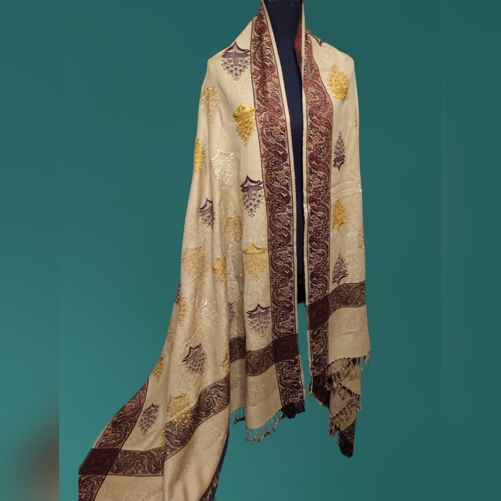 Elegant Beige and Maroon Embroidered Patterned Shawl